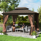 Outsunny - Tonnelle d'extérieur à toit rigide 10' x 12' - marron-Construit à partir d'un solide cadre en acier et en aluminium 