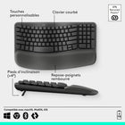Logitech - Wave Keys Clavier ergonomique sans fil, repose-poignets rembourré - Graphite-Connexion via Bluetooth ou récepteur Logi Bolt: avec Easy-Switch, basculez de l'ordinateur à la tablette et au téléphone (compatible avec Windows/macOS/iPadOS/ChromeOS), jusqu'à 3 ans d’autonomie