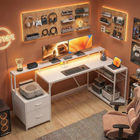HOMCOM - Bureau de gaming réversible 76 po avec éclairage RGB et ports USB - blanc-Porte-dossiers réglables pour organiser les documents A4, lettre et légal