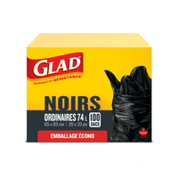 Glad à nœud facile - Sacs Regulier sacs à ordures - 74L - Paquet de 100-SACS À ORDURES NOIRS: Boîte de 100 sacs à ordures ordinaires de Glad d’une capacité de 74 L.