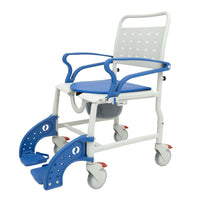 Mobile Patient Lift - Chaise de douche mobile à roulettes Sidekick avec roues arrière de 24 po à dégagement rapide - Blanc/Bleu-Chaise de douche percée Sidekick avec roues arrière de 24 po à dégagement rapide sans outil pour une mobilité auto-propulsée