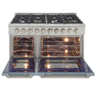 Kucht - 48 po Série KNG Cuisinière Pro Style au gaz propane - Acier inoxydable/Bleu pâle-S’accordant à la puissance des cuisines professionnelles, ce modèle haut de gamme est équipé de deux fours distincts : un four à convection de 30 pouces délivrant 22 000 BTU avec un brûleur tubulaire de 10 000 BTU, et un four de 18 pouces offrant 15 000 BTU