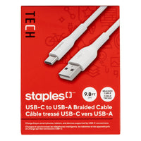 Staples - TECH Câble de chargement USB-C vers USB-A - 9,8 pi - blanc-Câble USB-C vers USB-A de 9,8 pi (3 m) qui transfère les données à des vitesses allant jusqu’à 480 Mb/s