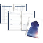 Mead - Agenda scolaire hebdomadaire/mensuel astronaute 2024-2025 - 5 1/2 po x 8 1/2 po - bleu/blanc - bilingue-Un mois sur 2 pages avec des blocs quotidiens non lignés pour la planification ouverte, plus une section pour les notes et des calendriers de référence des mois passés / futurs.