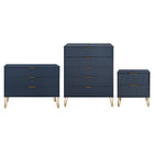 Manhattan Comfort - Dumbo table de chevet moderne, commode et commode haute 5 tiroirs - bleu minuit - ensemble de 3-Commode de chambre moderne-contemporaine avec une touche de glamour comprenant une commode standard, une commode haute et une table de nuit 2.0