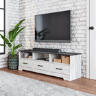 Prepac - Meuble TV Rustic Ridge, cabinet de rangement 66 po avec étagères, cabinet de rangement pour salon - Blanc vieilli-Dimensions et poids assemblés: Meuble télé pour salon - 66 po L x 20 po H x 16 po P, Poids total - 91 lb, Toutes les pièces arrivent prêtes à assembler dans 1 boîte