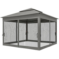 Outsunny - Tente gazébo pliante 11 pi l x 11 pi L à toit souple à 2 niveaux avec moustiquaire - Gris foncé-Auvent enduit de PA avec 8 œillets de drainage