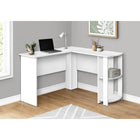 Monarch Specialties - 7723 Bureau - En Forme De L/Coin Avec 2 Tablettes Blanc-Les options de rangement ouvertes sur le côté droit comprennent deux compartiments et une étagère fixe.