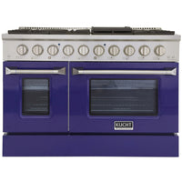 Kucht - 48 po Série KNG Cuisinière Pro Style au gaz naturel - Acier inoxydable/Bleu-Cuisinez et pâtissez comme un professionnel grâce à deux fours séparés dotés de larges vitres. Le four principal est un four robuste en porcelaine bleue d’une capacité de 4,2 pi³, tandis que le four latéral supplémentaire offre une capacité de 2,5 pi³