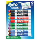 Expo - Marqueurs à effacement sec à faible odeur − Pointe biseautée − Couleurs variées − Paquet de 16-Encre à formule spéciale à base d’alcool, à faible odeur, et qui sèche rapidement