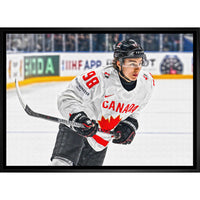 Connor Bedard 20x29 Canada White Action-H - Toile encadree - 31" x 22"-Impression sur toile de qualité supérieure avec bordures enveloppées