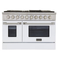 Kucht - 48 po Série KNG Cuisinière Pro Style au gaz propane - Acier inoxydable/Blanc-Cuisinez et pâtissez comme un professionnel grâce à deux fours séparés dotés de larges vitres. Le four principal est un four robuste en porcelaine bleue d’une capacité de 4,2 pi³, tandis que le four latéral supplémentaire offre une capacité de 2,5 pi³