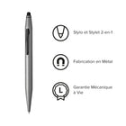 Cross - Stylo à bille double fonction Tech2 avec stylet, laque métallique avec noir brillant - Gris titane-Stylet de 6 mm attaché en haut