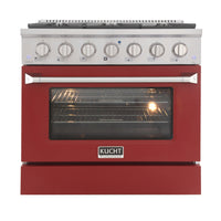 Kucht - 36 po Série KNG Cuisinière Pro Style au gaz naturel - Acier inoxydable/Rouge-Cuisez et pâtissez comme un pro grâce au four à convection extra-grand offrant une capacité de 4,2 pi³, une configuration à cinq grilles et une vaste fenêtre d’observation