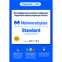 Malwarebytes Standard Premium Security pour Windows, macOS, Android, iOS et Chrome - 3 appareils - Abonnement d'un an-Protégez-vous des pirates informatiques, des sites malveillants, des publicités infectées, des logiciels de clonage de cartes bancaires et des voleurs d'identifiants grâce à notre protection web et anti-logiciels malveillants