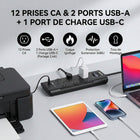 Huntkey - Parasurtenseur multiprise avec 12 prises et 3 ports USB (2 USB-A et 1 USB-C à charge rapide 20 W), cordon de 6 pi avec fiche plate - noir, paquet de 2-Dispose d'une disposition unique avec 12 prises CA largement espacées, spécialement conçues pour accueillir des adaptateurs volumineux sans bloquer les prises voisines.