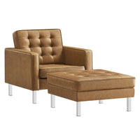 Modway - Loft Touffe Cuir végane Fauteuil et ensemble ottoman - Silver Tan-Ensemble de fauteuil et ottoman du milieu du siècle