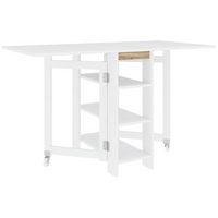 HOMCOM - Table à manger pliante à abattant avec étagères de rangement pour 4-6 personnes - blanc-Le design à abattant permet trois configurations : sans rallonge, avec une rallonge ou deux
