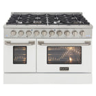 Kucht - 48 po Série KDF Cuisinière Pro Style à double combustible - Acier inoxydable/Blanc-Cuisinez et pâtissez comme un professionnel grâce à deux fours séparés avec grandes fenêtres de four : le four principal en porcelaine bleue robuste offre 4,2 pi³ de capacité, tandis que le four latéral additionnel dispose de 2,5 pi³