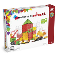 MAGNA-TILES - Ensemble de construction magnétique Builder XL de 50 pièces-Ce Qui Est Inclus: 50 pièces magnétiques, dont : 1 grue + base, 1 hayon de camion-benne + base, 1 charrue, 2 cabines de camion, 2 figurines, 2 routes rectangulaires, 2 routes courbes, 2 rectangles (imprimés), 2 châssis de voiture, 2 fenêtres, 1 triangle droit XL, 4 triangles équilatéraux XL, 6 carrés XL, 14 carrés (4 imprimés, 8 normaux) et 6 triangles isocèles mircoMAGS. 