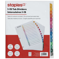 Staples - Intercalaires pré-imprimés - 1-15 - Couleur-Les intercalaires sont numérotés de 1 à 15 pour une meilleure organisation des documents