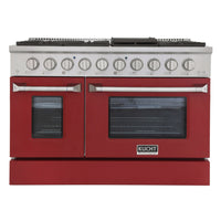 Kucht - 48 po Série KNG Cuisinière Pro Style au gaz propane - Acier inoxydable/Rouge-Cuisinez et pâtissez comme un professionnel grâce à deux fours séparés dotés de larges vitres. Le four principal est un four robuste en porcelaine bleue d’une capacité de 4,2 pi³, tandis que le four latéral supplémentaire offre une capacité de 2,5 pi³