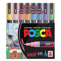 Uni - Marqueurs de peinture à base d'eau Uni Posca PC-3M Glitter - Pointe fine réversible - 0,9-1,3 mm - Encres assorties - Paquet de 8-Marqueurs de peinture à base d'eau adaptés à la plupart des projets artistiques et artisanaux sur plus de 50 surfaces, y compris le bois, le verre, le métal, le plastique, la céramique, le cuir et bien plus encore.