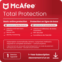 McAfee - Total Protection logiciel antivirus pour 1 appareil(Windows/Mac/Android/iOS/ChromeOS) - abonnement d'un an avec renouvellement automatique [téléchargement]-Protégez votre vie numérique avec McAfee Total Protection. Restez en sécurité avec un antivirus primé, un détecteur de textos frauduleux optimisé par l'IA, une fonction de surveillance de l'identité et un RPV sécurisé.
