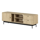 South Shore - Mezzy Meuble télé avec porte et tiroirs - Chêne naturel-Rangement polyvalent : conçu pour accueillir un téléviseur jusqu’à 75 pouces, avec des espaces dédiés pour vos consoles, livres, ou vinyles, votre salon sera des mieux organisés.