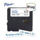 Brother - BTAG233 Ruban non laminé blanc avec texte bleu authentique pour étiqueteuse P-touch, 12 mm (L) x 4 m (l)-Btag + P-touch = une équipe créative du tonnerre. Utilisez les rubans d’étiquettes non laminées Btag de 12 mm conçus spécialement pour les étiqueteuses P-touch PT-N10, PT-N20 et PT-N25BT de Brother.