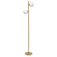 JAC Styles Liam 66" 2-Light Floor Lamp - Gold with White Shade-Two-Light Globe Design - Staggered white glass globes create visual interest while providing illumination from multiple points.