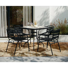 Table carrée de 31,5 po en verre/métal et 4 chaises empilables noires en aluminium avec dossier à lattes (TLH-0732SQ-017CBK4-GG)-Pour une utilisation intérieure et extérieure