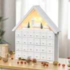 HOMCOM - Calendrier de l’Avent lumineux maison avec tiroirs compte à rebours - village-Forme en traîneau, décorée d'église, de chorale, des pins de vacances, des lumières, etc 