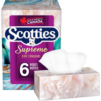 Scotties Supreme Lot de 6 boîtes de mouchoirs doux et résistants à 3 plis - Paquet de 6-Super doux et résistant : Profitez de mouchoirs 3 épaisseurs qui sont doux pour les peaux sensibles tout en étant tenaces pour les tâches difficiles