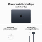Apple - Portatif MacBook Air 15,3 po, M3, SSD 256 Go, Mémoire unifiée 16 Go, Minuit, Anglais-Super connecté: MacBook Air intègre deux ports Thunderbolt, une prise pour écouteurs, les connectivités Wi-Fi 6E et Bluetooth 5.3, et un port de recharge MagSafe. Il prend en charge jusqu’à deux moniteurs quand l’écran est rabattu.