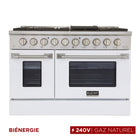 Kucht - 48 po Série KDF Cuisinière Pro Style au gaz naturel - Acier inoxydable/Blanc-Cuisinière de classe professionnelle dotée de 2 brûleurs doubles de 20000 BTU avec fonction mijotage, 2 brûleurs de 12000 BTU, 2 brûleurs de 9000 BTU et 2 brûleurs de 6000 BTU