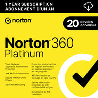 Norton - 360 Platnium logiciel antivirus - 20 appareils - abonnement d'un an [téléchargement]-Une adresse e-mail valide doit être fournie lors du paiement