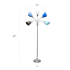 Simple Designs - Lampe de sol noire à col de cygne réglable, 5 lampes, Argent avec trois nuances de bleu, un abat-jour gris + un abat-jour blanc-Interrupteur et réglages de l'éclairage :  interrupteur rotatif sur le pôle. 3 réglages de luminosité : 2, 3 ou 5 lampes allumées