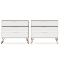 Manhattan Comfort - Rockefeller commode 3 tiroirs style mi-siècle moderne 35,24" - blanc cassé - lot de 2-Commode Mid-Century Modern pour chambre à coucher lot de 2