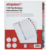 Staples - Intercalaires pré-imprimés - 1-12 - Couleurs tendance-Les intercalaires sont numérotés de 1 à 12 pour une meilleure organisation des documents