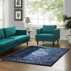 Modway - Lilja Médaillon vintage vieilli Tapis de 5 pi l x 8 pi L - Bleu marocain beige et ivoire-Tissage serré à poil bas