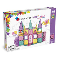 MAGNA-TILES - Jeu de construction magnétique Castle DLX 48 pièces-Ce Qui Est Inclus: 48 pièces magnétiques, dont 1 pont-levis, 1 figurine de dragon, 1 figurine royale, 2 escaliers en colimaçon, 2 balcons, 4 fenêtres, 2 triangles équilatéraux (pailletés), 2 quarts de cercle, 5 triangles isocèles, 20 carrés (10 pailletés, 10 standard), 2 triangles équilatéraux microMAG, 4 carrés microMAG et 2 triangles isocèles microMAG. 