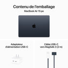 Apple - Portatif MacBook Air 15,3 po, M3, SSD 256 Go, Mémoire unifiée 16 Go, Minuit, Français-Super connecté: MacBook Air intègre deux ports Thunderbolt, une prise pour écouteurs, les connectivités Wi-Fi 6E et Bluetooth 5.3, et un port de recharge MagSafe. Il prend en charge jusqu’à deux moniteurs quand l’écran est rabattu.