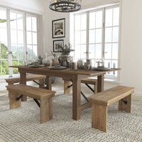 Flash Furniture Ensemble de quatre bancs et table de ferme pliante rustique antique de 7 pieds x 40 pouces de la série HERCULES-Table à manger de campagne en teinture blanche rustique antique