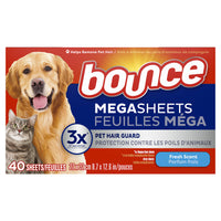 Bounce - Feuilles de séchage Mega pour poils d'animaux et peluches - Parfum frais - 40 feuilles/paquet-Réduit les rides et l'électricité statique, ajoute de la douceur