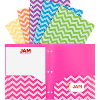 JAM Paper - Chemises plastiques couleur POP - 2 pochettes résistantes avec 3 perforations - couleurs tendance à chevrons assorties - Paquet de 6-Chemises plastiques à chevrons JAM Paper avec perforation 3 trous | Couleurs : fuchsia, jaune, violet, orange, bleu sarcelle et vert citron
