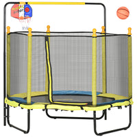 Qaba - Trampoline pour enfants avec panier de basket et barre horizontale - 1,4 m - Jaune-Ballon de basket rebondissant pour des slam dunks amusants en plein vol 