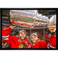 Jonathan Toews & Patrick Kane Chicago Blackhawks Lifting Stanley Cup sur toile - Toile encadree - 31" x 22"-Impression sur toile de qualité supérieure avec bordures enveloppées