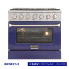 Kucht - 36 po Série KDF Cuisinière Pro Style au gaz propane - Acier inoxydable/Bleu-La cuisinière à gaz à 6 brûleurs comprend un brûleur double de 20 000 BTU avec mode mijotage, un brûleur de 15 000 BTU, un brûleur de 12 000 BTU, deux brûleurs de 9 000 BTU et un brûleur de 6 000 BTU