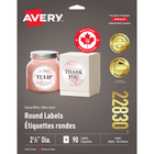 Avery -  Étiquettes rondes blanches glacées 22830, diamètre de 2 1/2 po, paq./90-Idéales pour les étiquettes de savon, de désinfectant pour les mains, de bougies et autres 